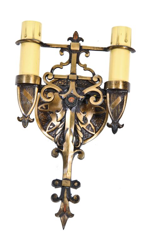 original c. 1930's interior residential ornamental cast brass double arm spanish revival style electric wall sconce