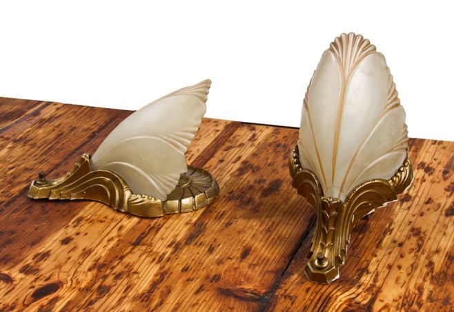 matching set of c. 1930's american art deco interior residential "bat wing" slip shade wall sconces