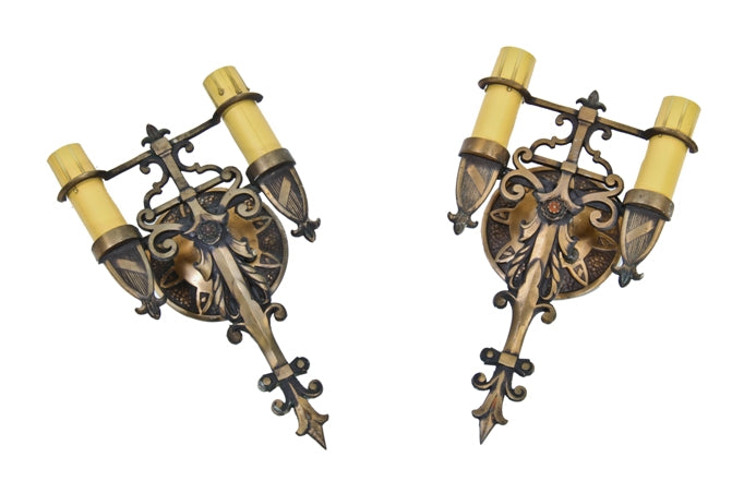 two matching c. 1930's original interior residential double arm "electric candle" spanish revival style wall sconces