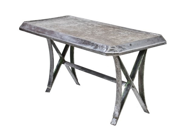 unusual c. 1920's antique american industrial refinished heavy gauge steel four-legged machine shop table with welded joint cross-bracing