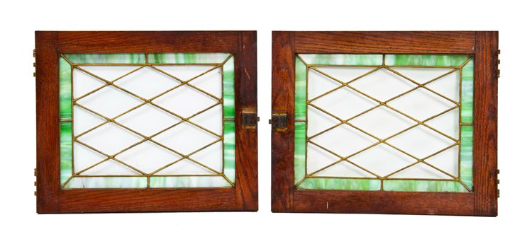 matching set of early 20th century american interior residential oak wood leaded glass cabinet doors with diamond-shaped pattern