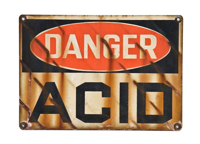 original and remarkably intact hard to find c. 1940's vintage industrial antique salvaged chicago single-sided porcelain enameled "acid" danger factory sign