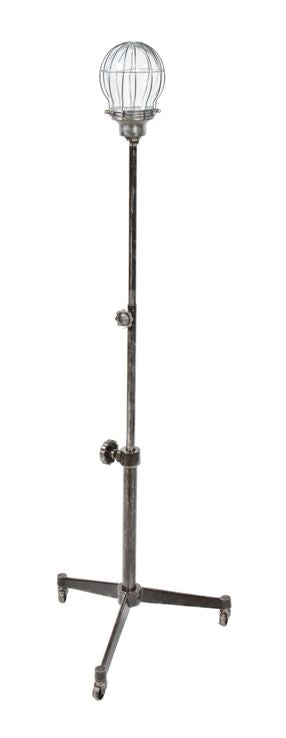 fully adjustable repurposed vintage american industrial freestanding theater stage "ghost light" with mobile three-legged base