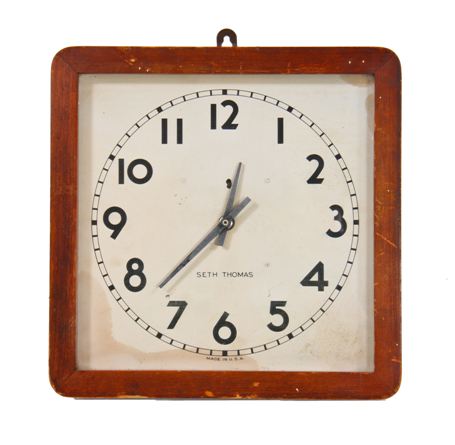 original c. 1940's vintage industrial seth thomas factory office electric wall clock varnished mahogany wood case