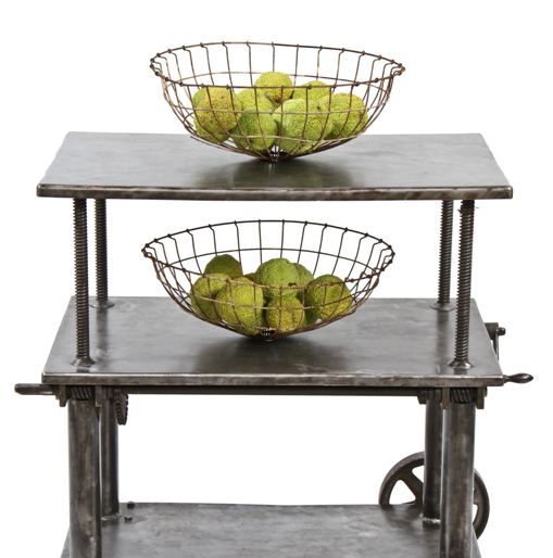 matching set of vintage industrial steel wire baskets with white distressed paint finish