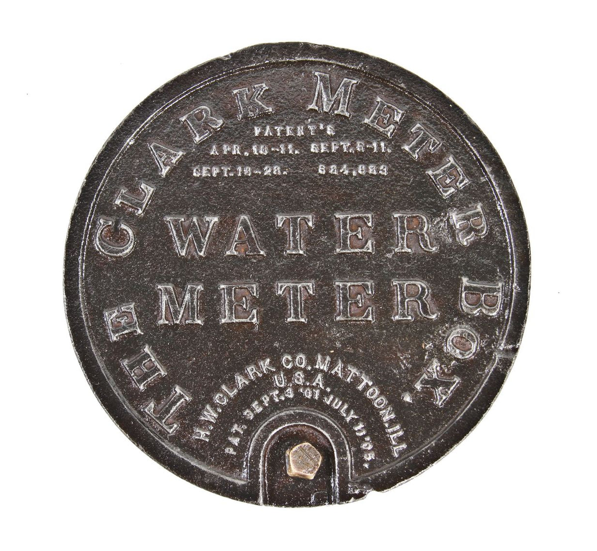 large early 20th century deeply embossed antique ameican industrual cast iron "clark meter box" city street or sidewalk cover or lid with intact bronze locking bolt