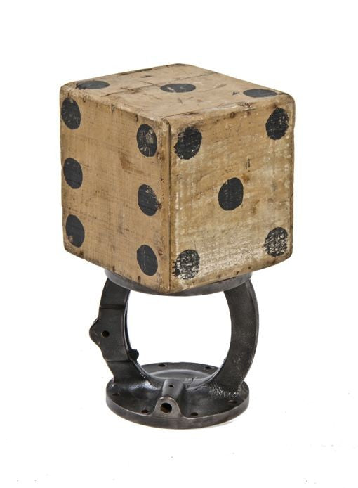 original and unusually large american depression era hand-painted pine wood folk art rounded edge hallow cube-shaped die with black "pips" against a weathered white paint finish