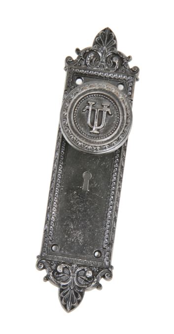 original early 20th century antique american ornamental cast iron monogrammed doorknob with matching backplate