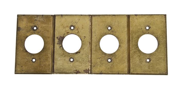 original and remarkably intact lot of four early 20th c. matching antique salvaged chicago interior bank building wall mount yellow brass plates for flush receptacles