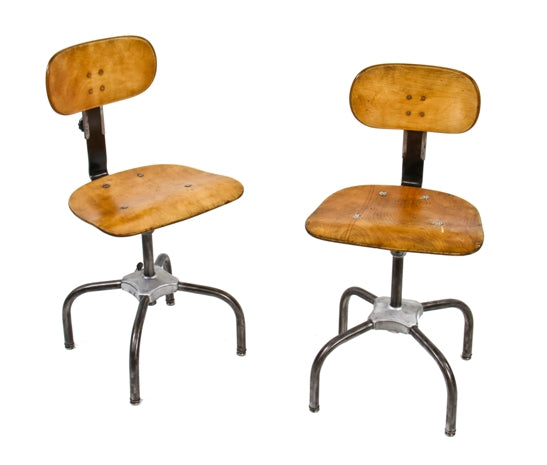 matching set of c. 1950's vintage industrial machine shop adjustable height stool with bent tubular steel stationary bases