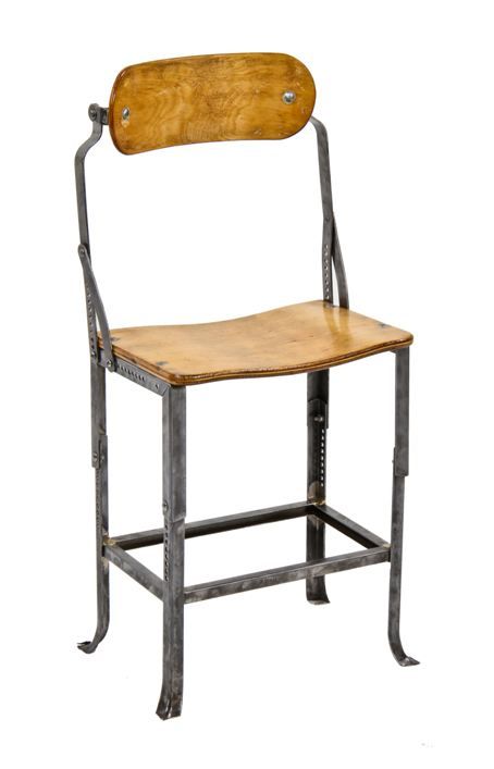hard to find c. 1930's vintage industrial "no.280" refinished angled steel factory office posture chair with original birch wood seat and backrest