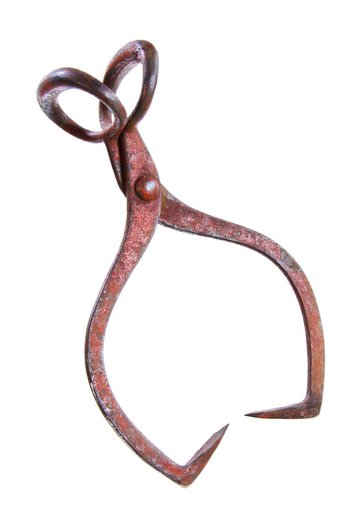 nicely weathered turn of the century old forged steel or iron ice block transport tongs with original distressed paint finish