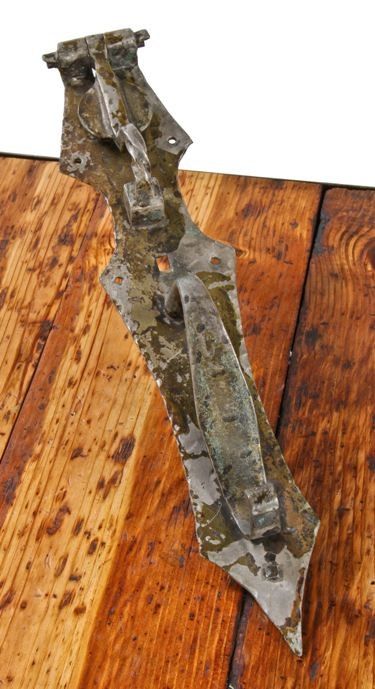 unusual early 20th century oversized hand-hammered ornamental mission style bronze entrance door thumblatch with integrated doorknocker