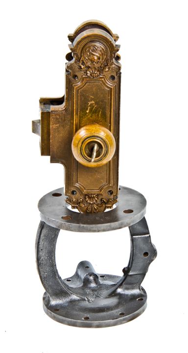 highly ornate early 20th century heavy cast bronze monogrammed hotel guestroom door "unit lock set"