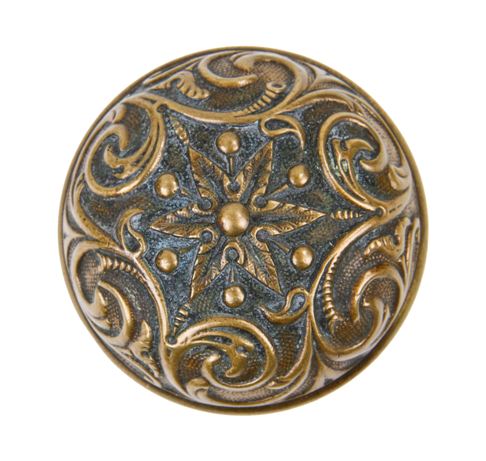 highly ornate 19th century antique american cast brass banded rim dome-shaped passage size doorknob with intact patina