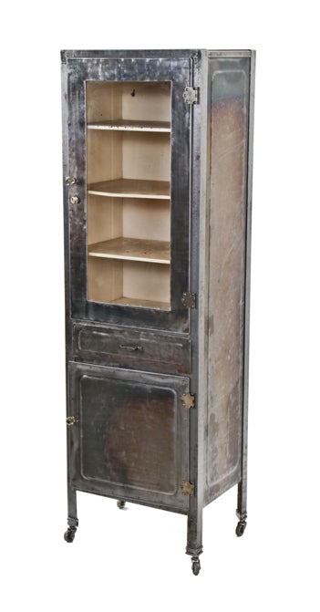 original c. 1930's vintage american medical upright heavy gauge steel hospital operating room supply cabinet with original steel casters