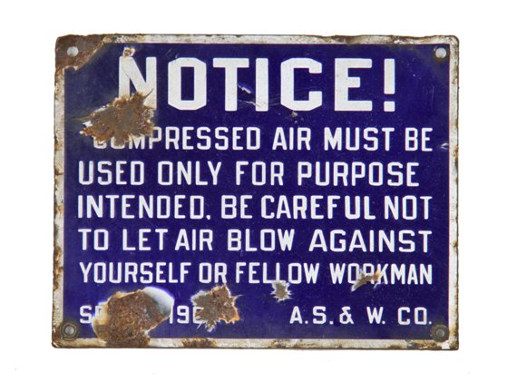 early 20th century vintage american industrial single-sided cobalt blue porcelain enameled "compressed air" factory notice sign