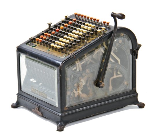 largely intact early 20th century manually operated burroughs desktop model adding machine with beveled glass panels