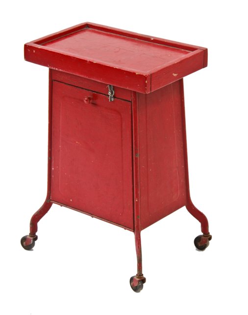 unusual c. 1940's vintage industrial red enameled mobile filling station cabinet with pull-down hinged door
