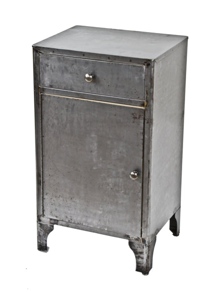 refinished c. 1930's vintage medical brushed steel hospital operating room supply cabinet with single drawer and cabinet door