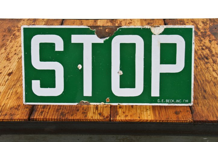 c. 1930's vintage industrial single-sided green porcelain enameled chicago train yard "stop" signal sign