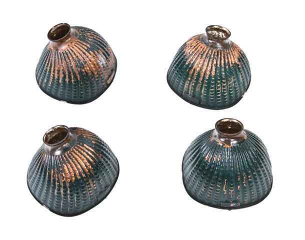 set of four matching c. 1915-20 vintage american industrial green enameled "mercury" glass window display reflectors
