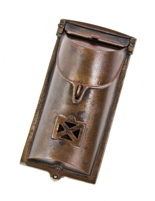 original early 20th century mission style wall mount residential cast iron mailbox with hinged lid