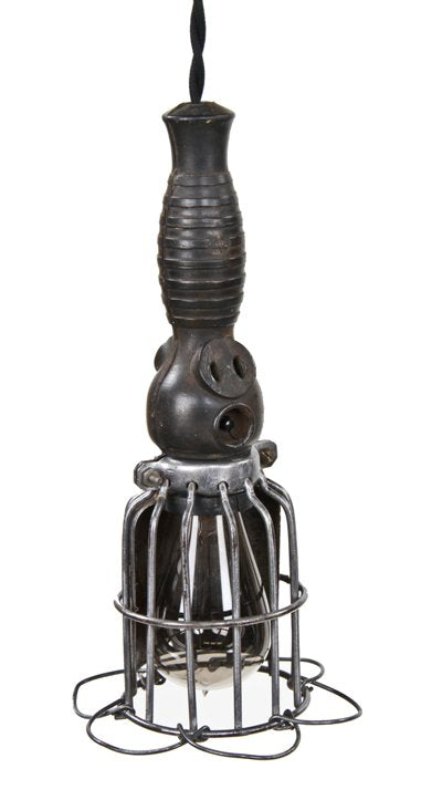 rewired c. 1940's vintage industrial portable lamp guard with original steel wire cage containing an expandable bottom