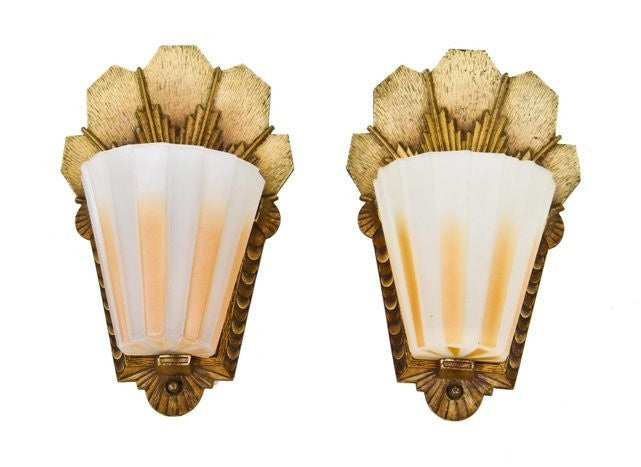 original and well-maintained american depression-era art deco grooved semi-circular beardslee wall sconce replacement slip shade with a chevron motif