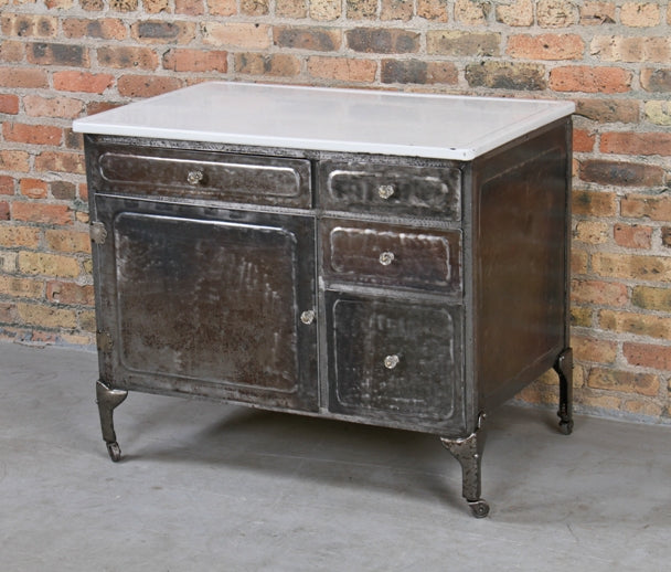 rare early 20th century vintage medical "white line" hospital operating room supply cabinet with porcelain enameled tabletop