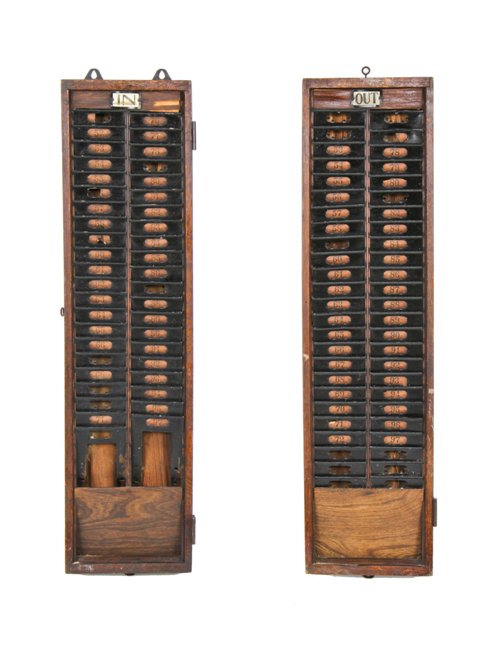 set of c. 1910-20 vintage industrial "in" and "out' weathered and worn oak wood factory time card racks