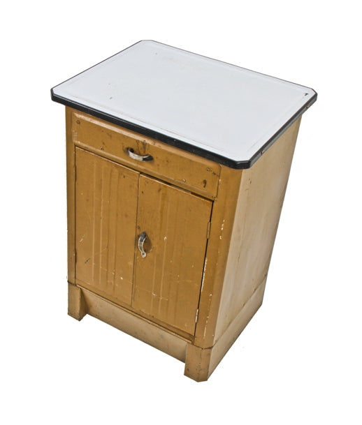 c. 1940's vintage industrial cold-rolled enameled steel medical supply cabinet with original porcelain enameled tabletop