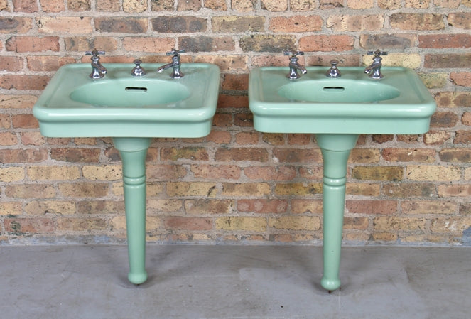 matching set of late 1920's american art deco green vitreous china pedestal sinks with original hardware