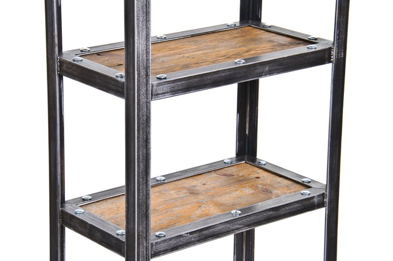 well-built repurposed american vintage industrial freestanding shelving unit or rack complete with recycled barn wood shelves and brushed metal angled iron