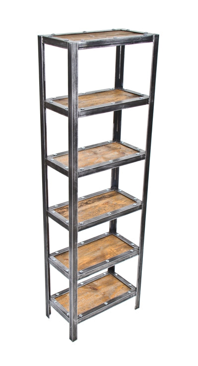 well-built repurposed american vintage industrial freestanding shelving unit or rack complete with recycled barn wood shelves and brushed metal angled iron