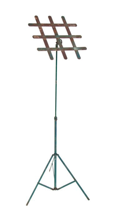 c. 1930's adjustable height vintage industrial three-legged music stand with riveted joint steel strap "desk"