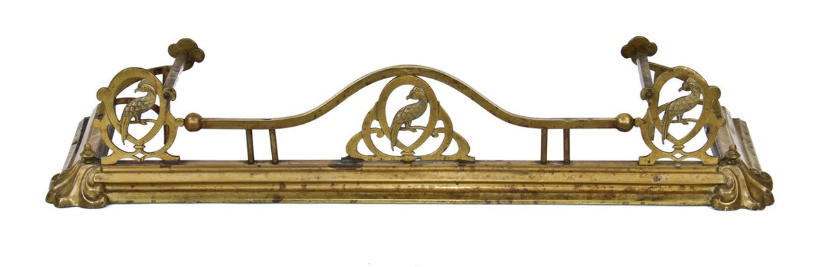 fanciful early 20th century american ornamental cast brass interior residential three-sided fireplace fender featuring three perched birds