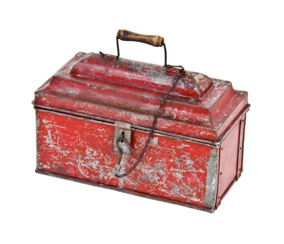 unusual early 20th century american industrial heavily reinforced custom-built galvanized steel pipefitter's toolbox with old red paint finish