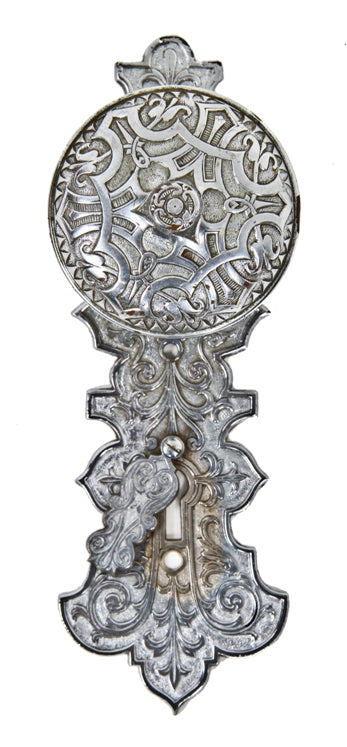 hard to find c. 1870's american victorian era silver-plated ornamental cast bronze doorknob complete with original backplate