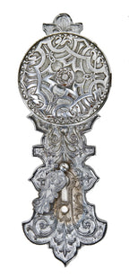 hard to find c. 1870's american victorian era silver-plated ornamental cast bronze doorknob complete with original backplate