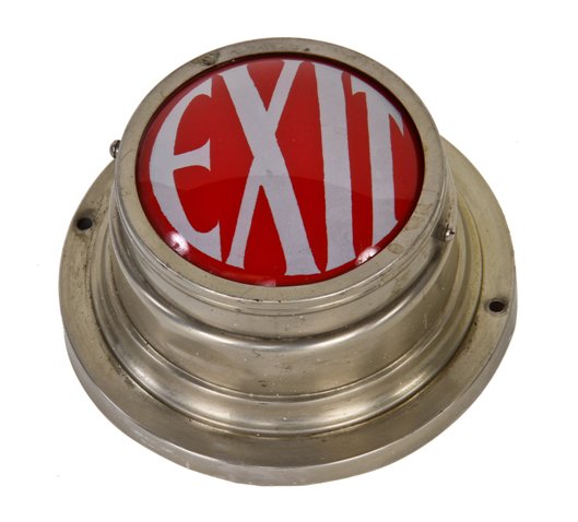 impressive c. 1920's american art deco wall mount illuminated "exit" light complete with original reverse painted convex glass lens