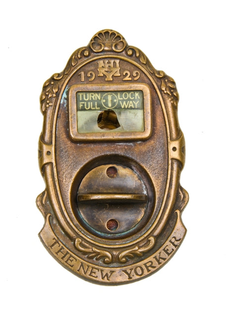 original c. 1929 ornamental cast bronze new yorker hotel guest room door privacy finger latch with backplate