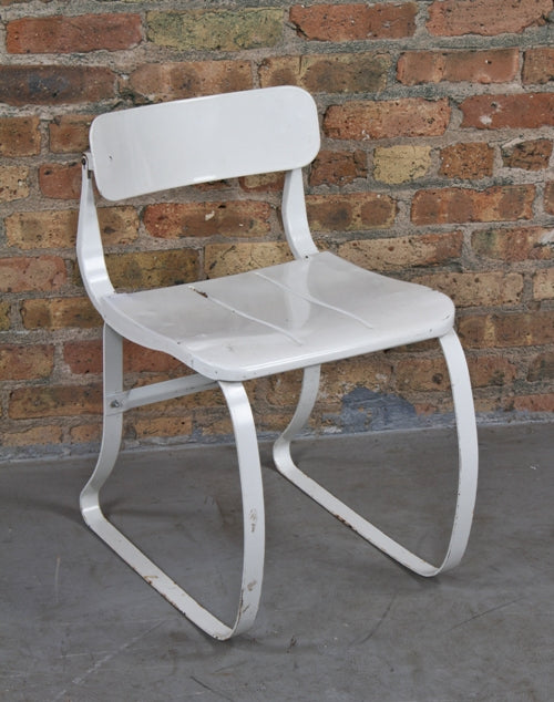 original late 1930's vintage industrial white enameled folded and pressed steel ironrite "health" chair complete with backrest