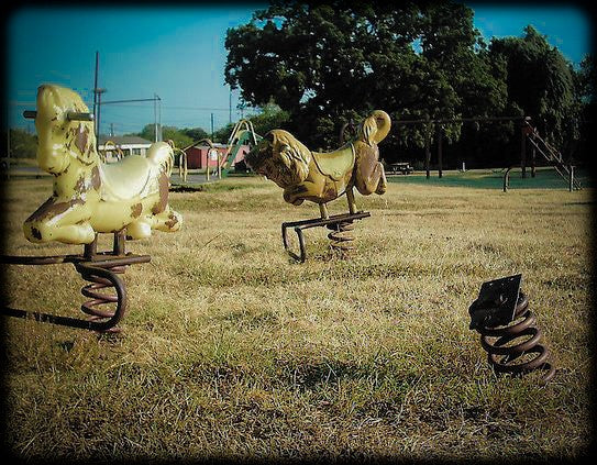 rare c. 1960's city of chicago park district "retired" spring-loaded playground polychromatic cast aluminum freestanding "saddle mate" with pegs for hands and feet