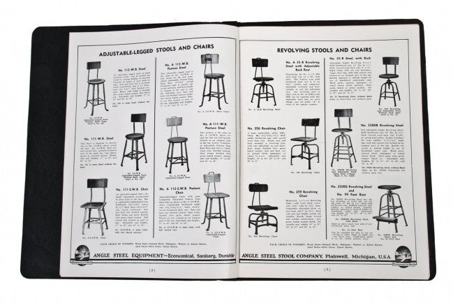 late 1930's original antique american industrial low-lying four-legged angled steel maple wood top factory stool with riveted joint angled steel base finished in the original factory green enamel over metal