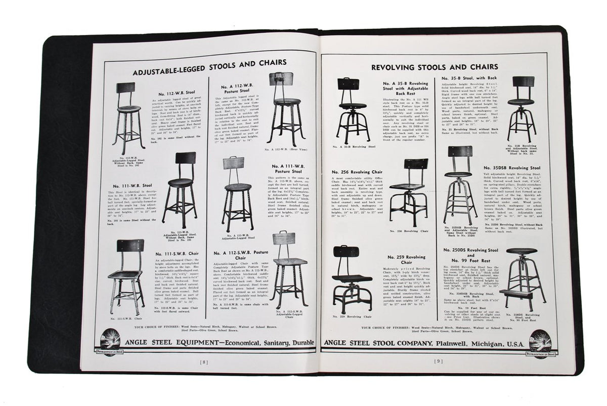 large lot of 18 matching all original american vintage industrial detroit automotive assembly plant angled and riveted joint steel stools with solid maple seats