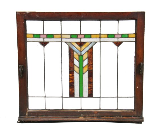 c. 1915-20 antique american "wrightesque" prairie style leaded art glass residential casement window