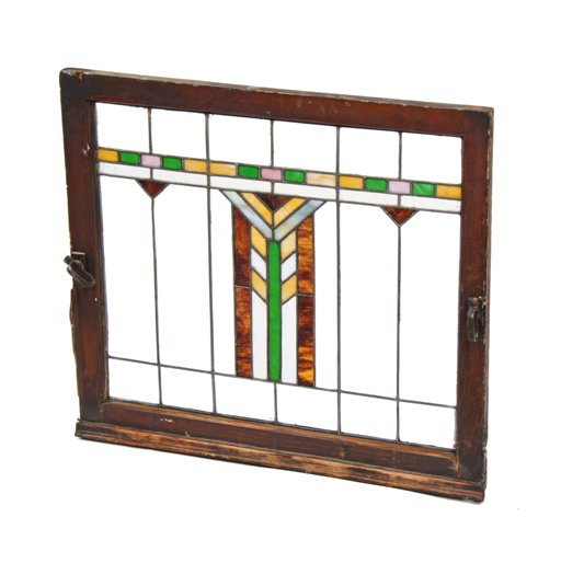 original c. 1915-20 american prairie style interior residential leaded art glass window complete with original wood sash frame