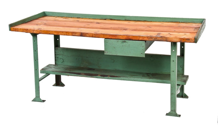 c. 1940's vintage industrial original and intact "pollard" factory machine shop workbench complete with single pull-out drawer