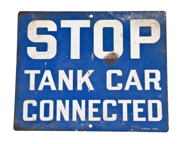 original vintage industrial chicago train yard "tank car connected" blue enameled die cut steel cautionary sign